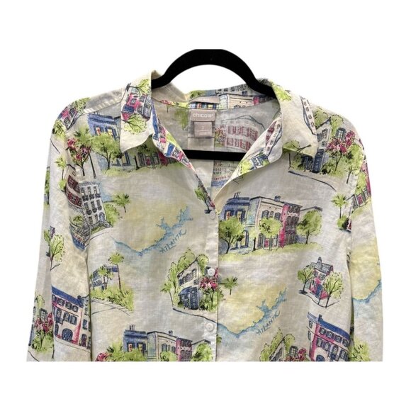 Chicos Womens ButtonShirt Size 2 (L) Linen Scenic Print 3/4 Sleeves Lightweight - Picture 2 of 6